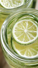 Wall Mural - Refreshing Lime and Cucumber Infused Sparkling Water in Glass Jars