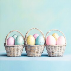 Wall Mural - Three pastel Easter egg baskets on blue background.