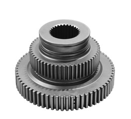 Aufkleber - Gear with three gears of different sizes stacked on top of everything else. The gears are gray and metallic isolated on a white transparent background