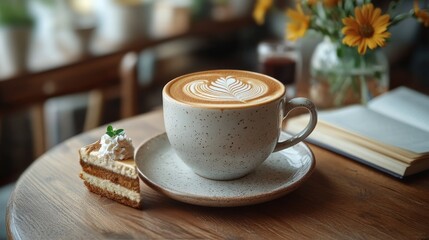 Sticker - Delicious layers of cake paired with a latte in a cozy cafe setting during afternoon hours