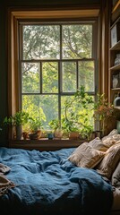 Poster - Cozy bedroom with plants and golden sunlight filtering through large windows in a peaceful setting