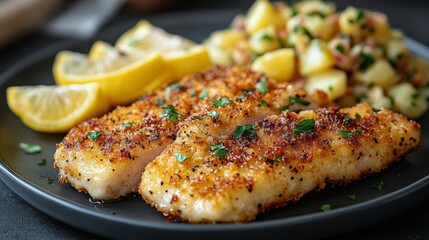 Wall Mural - Crispy fried fish served with garlic butter potatoes and fresh lemon slice on a dark plate