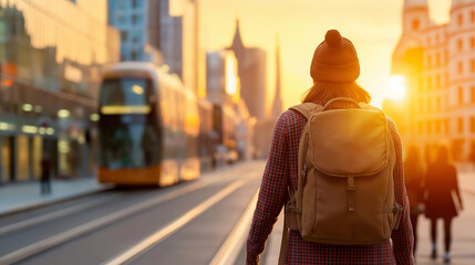 Wall Mural - Tourist wandering Munich downtown during golden hour, carrying backpack with blurred urban landscape, tram passing behind in soft-focus cityscape