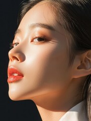 Poster - Elegant asian profile view glowing skin portrait studio environment dramatic light and shadow concepts
