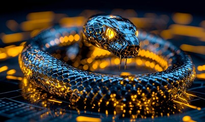 Poster - Digital serpent representing Python automation, vibrant colors, intricate patterns, symbol of technology and innovation, modern design elements.