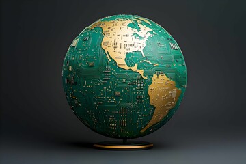 Poster - Circuitry Globe, a stunning representation of technology and innovation, showcasing a globe intricately designed from circuit boards and microchips.