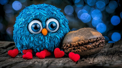 Poster - A cute blue plush owl sits beside a chocolate macaron, surrounded by small red hearts against a blurred blue background.