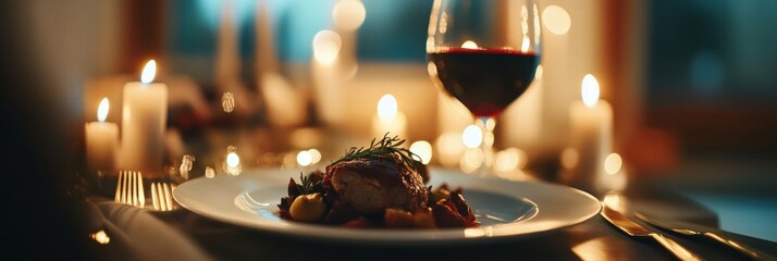 Poster - Luxurious dining experience with gourmet dish and elegant ambiance at sunset. Generative AI