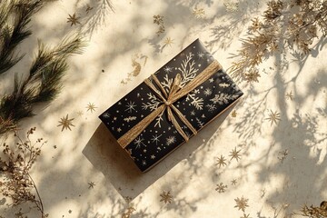 Wall Mural - top view elegant black Christmas gift box with golden ribbon with stars, pine branches and cones on beige background with bright sunlight