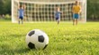 © Bonsales - Soccer ball placed on a grassy field, with children playing and cheering in the background, action-packed composition
