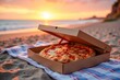 © Olga - Pizza box on beach at sunset. Mock up for business and advertising