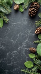 Wall Mural - Natural pinecones arranged among green leaves on dark slate background for decorative display