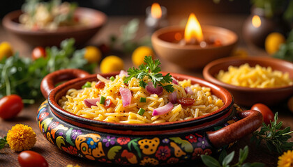 Wall Mural - Colorful pasta dish with herbs on wooden table