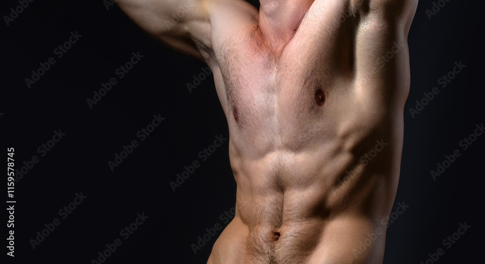 Strong Sexy Fit man showing perfect muscular ripped abs. Male Fitness ...
