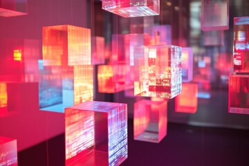 Aufkleber - Floating abstract cubes display digital text and symbols, creating an immersive visual experience in a modern space. Generative AI