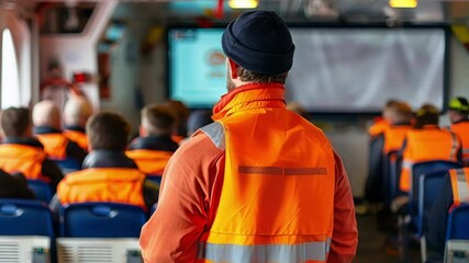 Poster - Maritime instructor wearing high visibility vest conducts a safety briefing for crew members in the ship's training room, enhancing their knowledge and preparedness for potential emergencies at sea