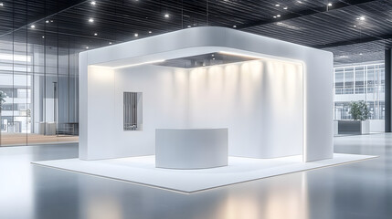 3d white stand booth for presentation event mockup. Vector promotional blank wall in room display for exhibition with table or podium. Empty expo business cube corner kiosk retail background set.