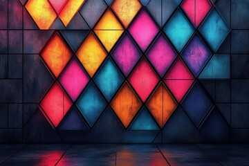 Poster - Geometric neon pattern with vibrant triangles creating a mesmerizing visual display