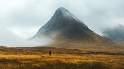 Leinwandbilder - Lonely figure gazing at towering mountain shrouded in mist amidst golden grassland under overcast sky. Generative AI
