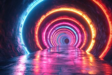 Poster - Neon circles create an enchanting digital tunnel illusion