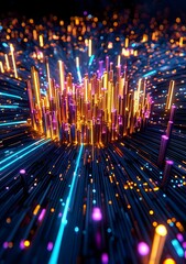 Poster - Vibrant Lines of Data, Abstract representation of data flow, showcasing colorful lines weaving through a digital landscape, illustrating complex information.