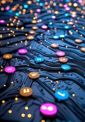 Poster - Colorful Data Flow, an intricate display of vibrant lines weaving through a digital landscape, symbolizing complex information and connectivity.