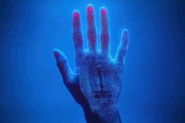Poster - Silhouette of a hand with biometric scanners illuminated against a blue background