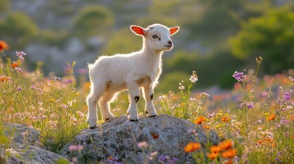 Adorable Baby Goat in Vibrant Wildflower Meadow, Springtime