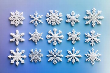 Poster - Unique snowflakes showcasing diverse shapes on a soft blue gradient background