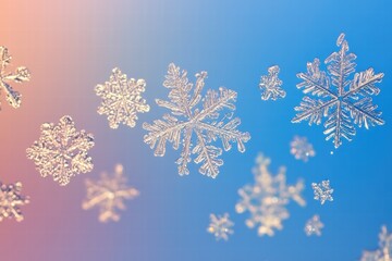 Poster - Intricate snowflakes of various shapes on a serene blue gradient background