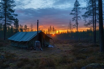 hunting camp at sunset surrounded by tall trees in a serene forest landscape