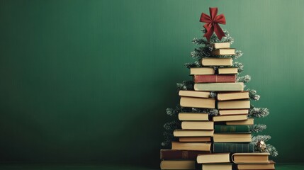 Aufkleber - Unique Christmas tree design showcasing stacked books against a solid green background for festive decoration. Generative AI