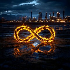 Poster - Fiery Infinity Over Industry, an intricate flame-shaped infinity symbol illuminates a stark industrial landscape, merging elements of nature and man-made structures.