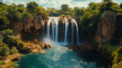 Poster - Majestic waterfall cascading over cliffs in a misty landscape at dawn