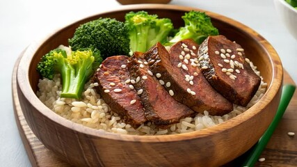 Wall Mural - Wooden bowl containing cooked brown rice, steamed broccoli florets, and sliced plant based meat substitute seasoned with sesame seeds, presented on a wooden board