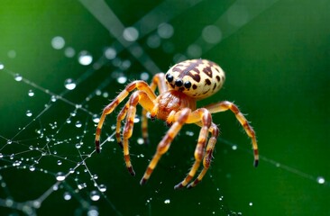 Spider sits on a web, close-up. Dew drops on a spider web. Hyper realistic illustration, insects in nature