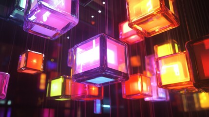 Poster - Floating colored cubes with abstract symbols create a vibrant display in a modern space during an evening exhibition. Generative AI