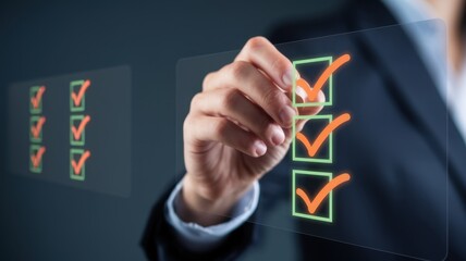 Poster - Businessman Online Survey Checklist Assessment Questionnaire Smartphone Exam Quality Check