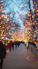 Poster - Giant illuminated Christmas tree adorned with bright lights in a bustling urban square during winter