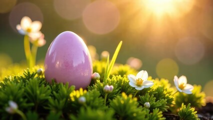 Aufkleber - A single pink Easter egg is nestled among moss and white spring flowers, illuminated by a warm sunset glow. Concept of nature's Easter treasure.