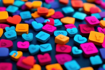 Poster - Colorful social media icons scattered on dark background showcasing online interaction and connectivity trends. Generative AI