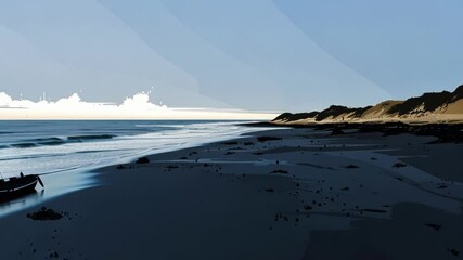 Wall Mural - gentle waves lap against the dark sand where a small boat rests on the beach, the rising sun paintin
