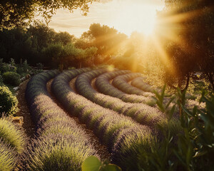 Aufkleber - Golden Hour Over Lavender Fields with Scenic Rows and Sunlight. Flowers background