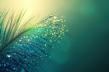 Poster - Colorful peacock feather glistens with fresh dew drops in a serene setting perfect for design projects. Generative AI