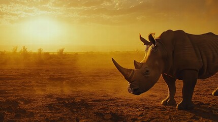 Poster - Rhino stands gracefully in a barren savanna during a golden sunset with ample space for text placement. Generative AI