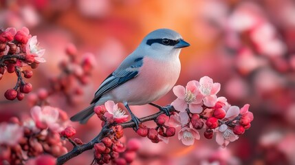 Wall Mural - A Colorful Bird Perched on a Delicate Cherry Blossom Branch Amidst Vibrant Blooms with Soft Background Enhancing the Beauty of Nature in Spring