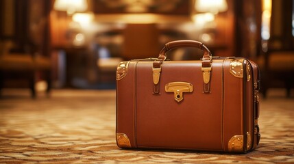 Aufkleber - Luxurious leather suitcase with golden hardware placed elegantly in a lavish hotel lobby during evening hours. Generative AI