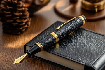 Aufkleber - Luxury fountain pen with gold accents resting on a textured notebook in an elegant workspace setting. Generative AI