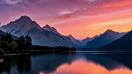 Wall Mural - stunning sunset colors paint the sky over lak and reflect in its calm waters, with the majestic peak