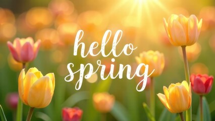 Fototapete - A field of vibrant tulips glows in the sunshine with the text 